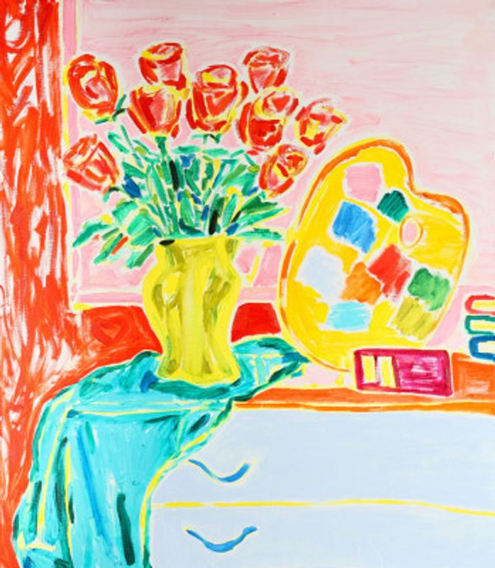 Still Life with Roses Bouquet, and Palette in my Studio, Tamara Jare, oil on canvas, 2025