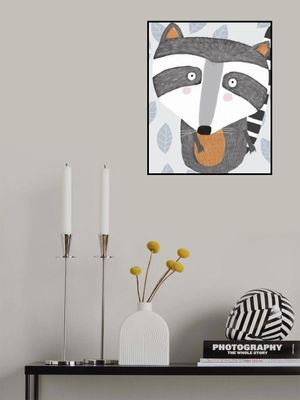 Cute Raccoon with Grey Leaf Pattern by Artist Carla Daly
