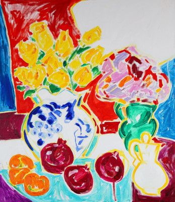 Still Life With Pomegranates And Yellow Roses, Tamara Jare, oil on canvas