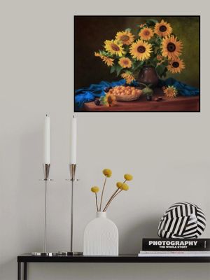 Still life with sunflowers and plums