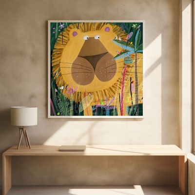 Large Lion Peeks Out of the Jungle Foliage by Artist Carla Daly