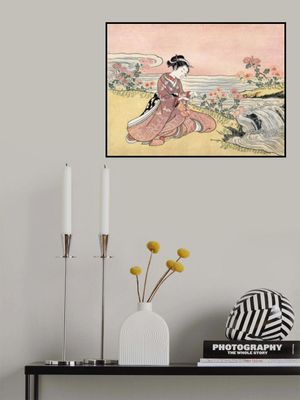 Japanese Woman Picking Chrysanthemum (1725 1770) Vintage Woodblock Print