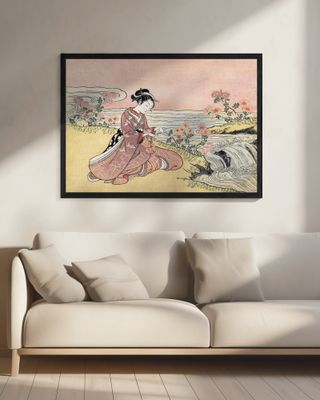 Japanese Woman Picking Chrysanthemum (1725 1770) Vintage Woodblock Print