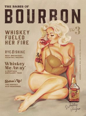Bourbon Wall Art. Sexy Vintage Pin Up Girl Drinking Whiskey