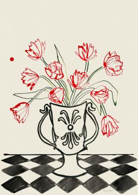 Red Tulips In a Vase with Checkered Diamonds