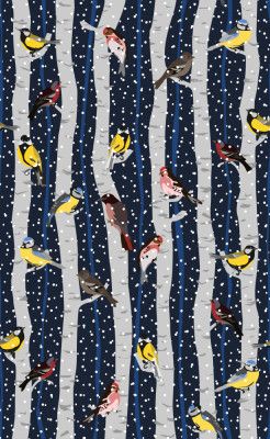 Birds in snowy birchwood on navy blue pattern