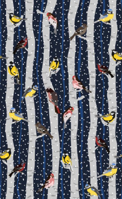 Birds in snowy birchwood on navy blue pattern