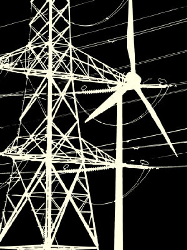 Silhouette of a Wind Turbine and Power Lines