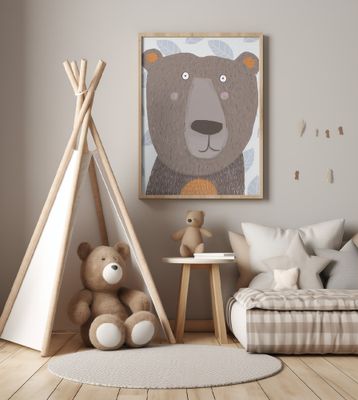 Cute Brown Bear with Grey Leaf Pattern by Artist Carla