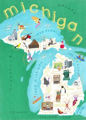 Illustrated Map of Michigan, USA by Artist Carla Daly