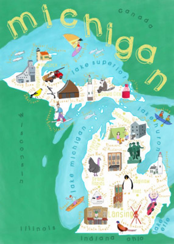 Illustrated Map of Michigan, USA by Artist Carla Daly