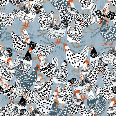 Blue chicken family pecking on the ground