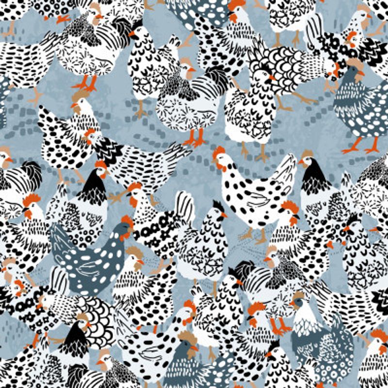 Blue chicken family pecking on the ground