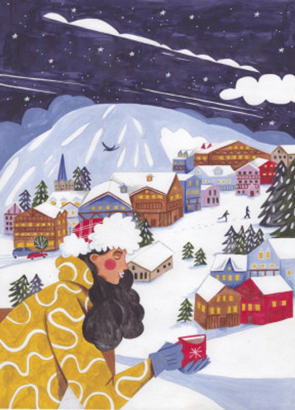 Winter Scene woman with coffee Christmas