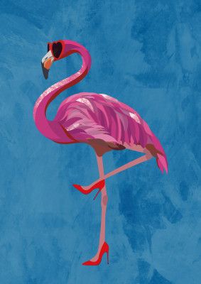 Flamingo in heels and heart glasses blue