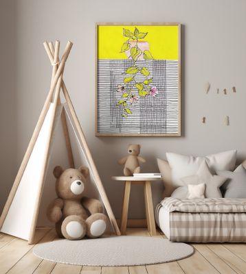 Mid century modern hanging plant in front of lines