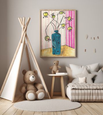 Hand-painted crazy flowers in a vase midcentury still life