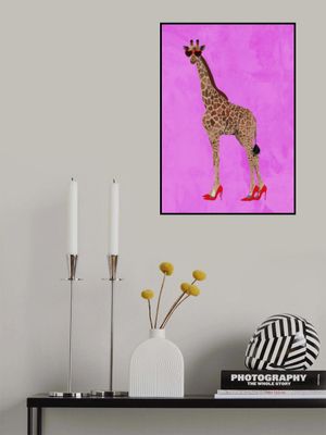 Giraffe wearing heels and heart glasses pink
