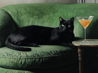 Black Cat Green Sofa Chill