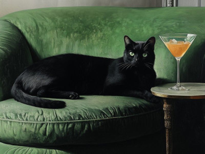 Black Cat Green Sofa Chill