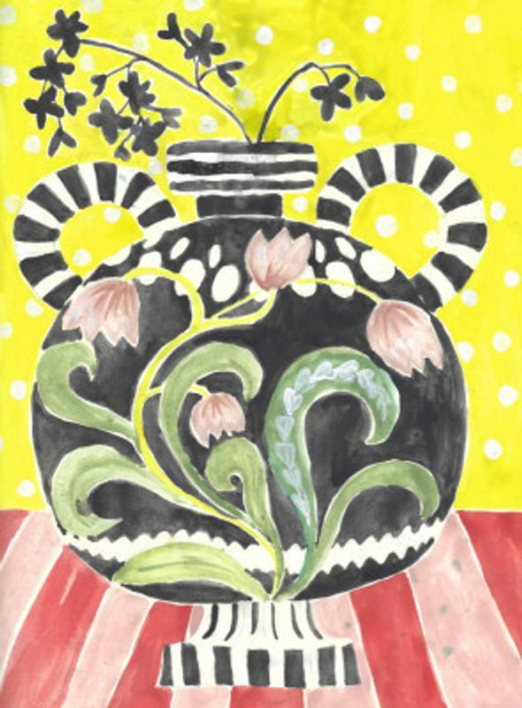 Folksy Greek Vase On Striped Table