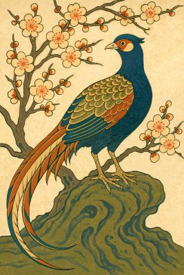 Ukiyo E Style Japanese Pheasant At Plum Blossom