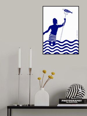 Modern Greek God Poseidon, Nautical Beach Art Print With Man Fishing In The Sea