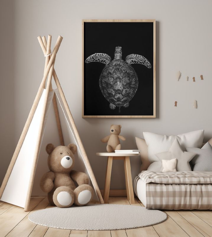 Green turtle on black and white