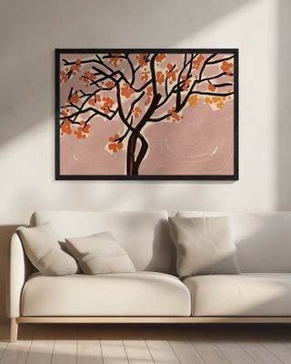 Stylized Tree With Vibrant Orange Blossoms Against