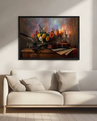 Still life with violin and flowers