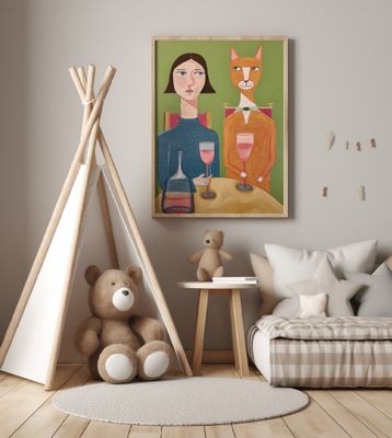 Lady and Cat Drinking Wine