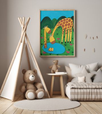 Mommy with Baby Giraffe in a Watering Hole by Artist Carla Daly