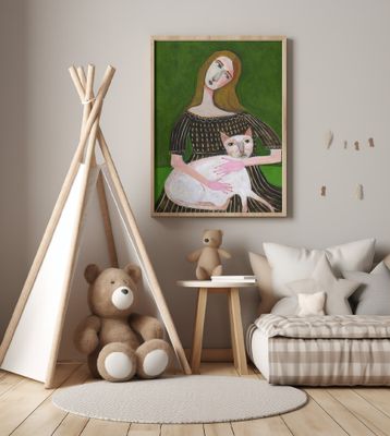 vintage lady with white cat