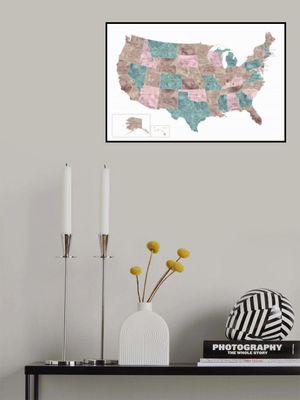 Pink and teal watercolor map of the US