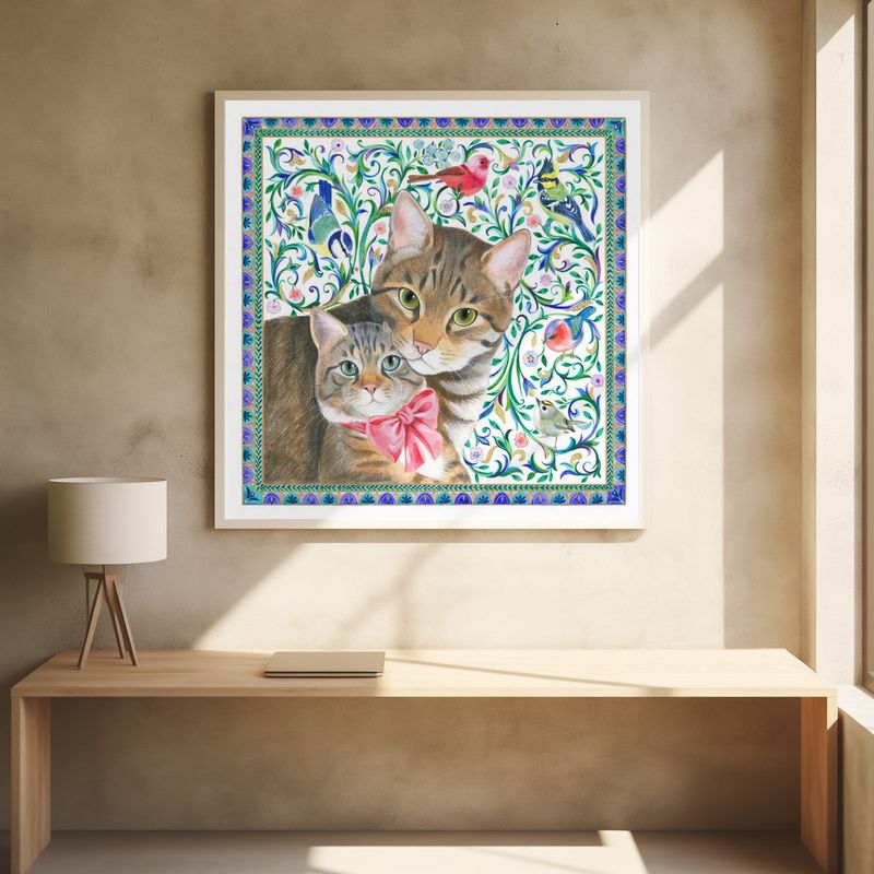 Mother Cat and Kitten With Bow