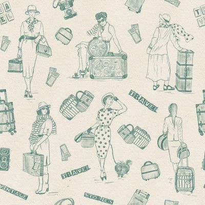 Vintage Ladies Traveling - Vintage Travel Stories - Teal - Pattern