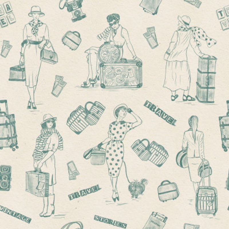 Vintage Ladies Traveling - Vintage Travel Stories - Teal - Pattern