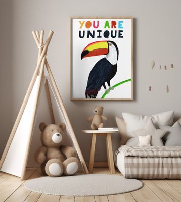 You Are Unique! Colorful Toucan with Colorful Text by Illustrator Carla Daly