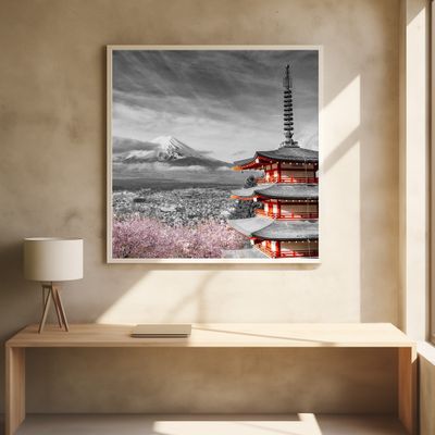 Lovely view of Mount Fuji with Chureito Pagoda during cherry blossom season - colorkey