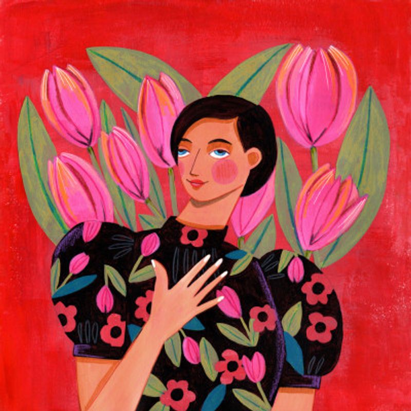 Abstract Modern Portrait Woman with Tulips