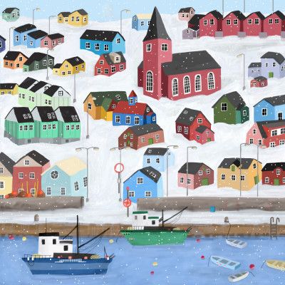 Snowy Town with fishing Boats by Artist Carla Daly
