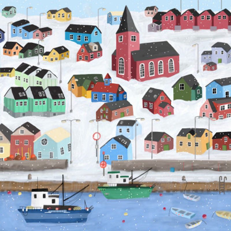 Snowy Town with fishing Boats by Artist Carla Daly