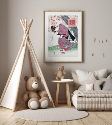 Japanese Woman and Cherry Blossom (1828) Vintage Woodblock Prints With Boarder