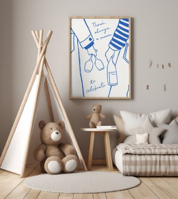 Woman holding wine bottle and wine glass (Blue) - Wine Vin Femme Bleu