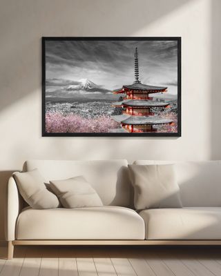 Magnificent view of Mount Fuji with Chureito Pagoda during cherry blossom season - colorkey