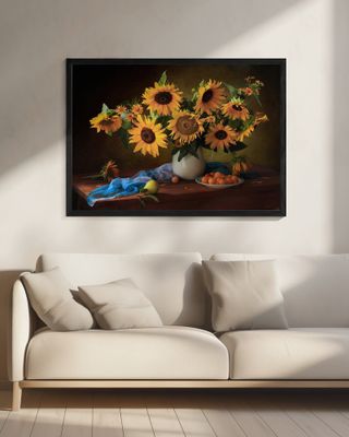 Still life with sunflowers and yellow plums