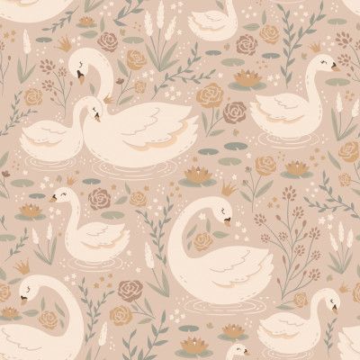 White Swans With Crowns and Lilies On Lake Brown