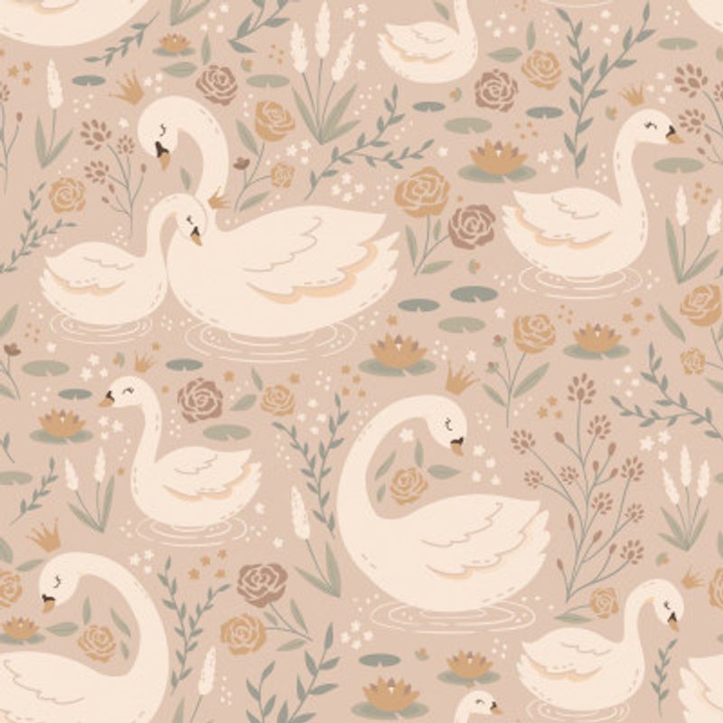 White Swans With Crowns and Lilies On Lake Brown