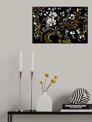 Chinoiserie White Blossom Tree with Elegant Gold Leaves on Blue Background