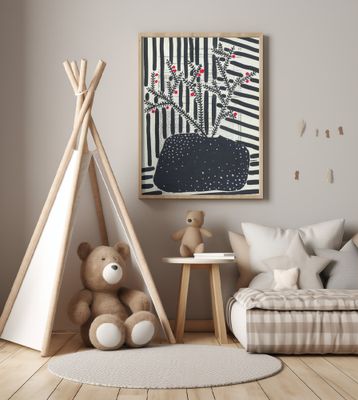 Black and white still life with berries and stripes